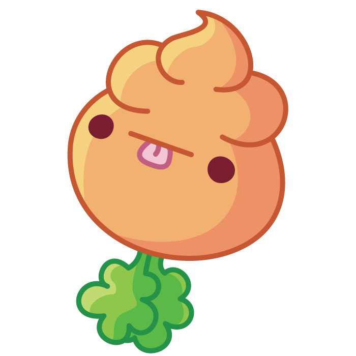 An orange Spoopy resembling a very fat carrot with green leaves coming out of his bottom.