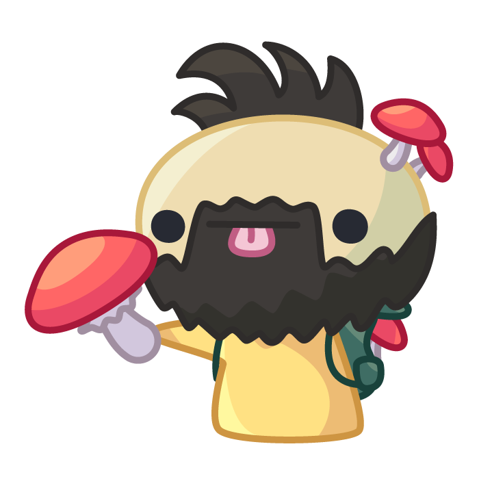 A Churse with a backpack holding a big mushroom. He has a couple of mushrooms sprouting from his head.