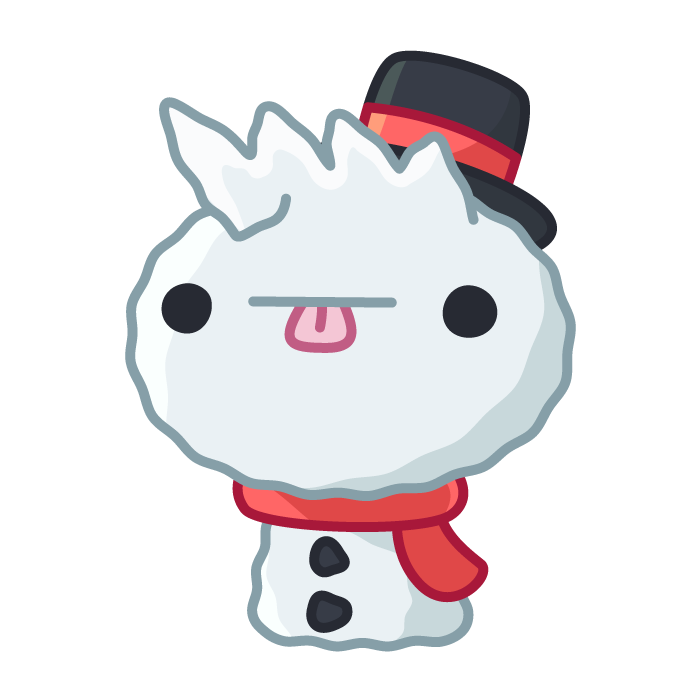 A Yerrsher covered in pearly white snow with a top hat, a red scarf and two black coal buttons.