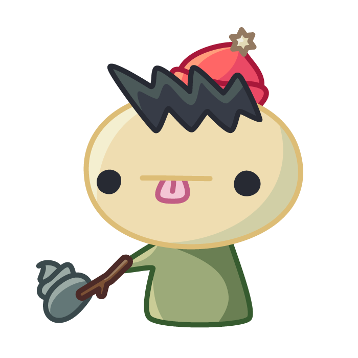 A Yerrsher in a forest green shirt and a red beanie using a stick to turn over a rock that looks like a Spoopy.