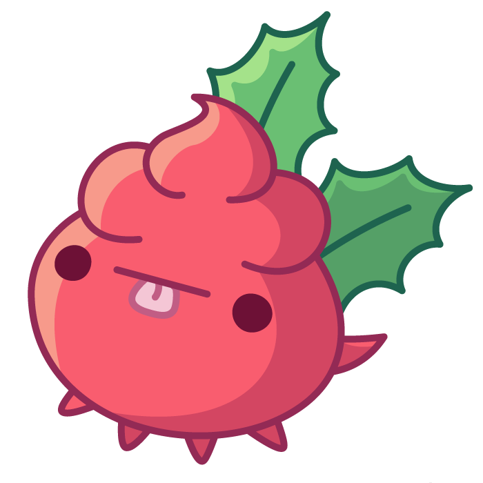 A bright red Spoopy with a pair of spiky green leaves resembling a holly berry.